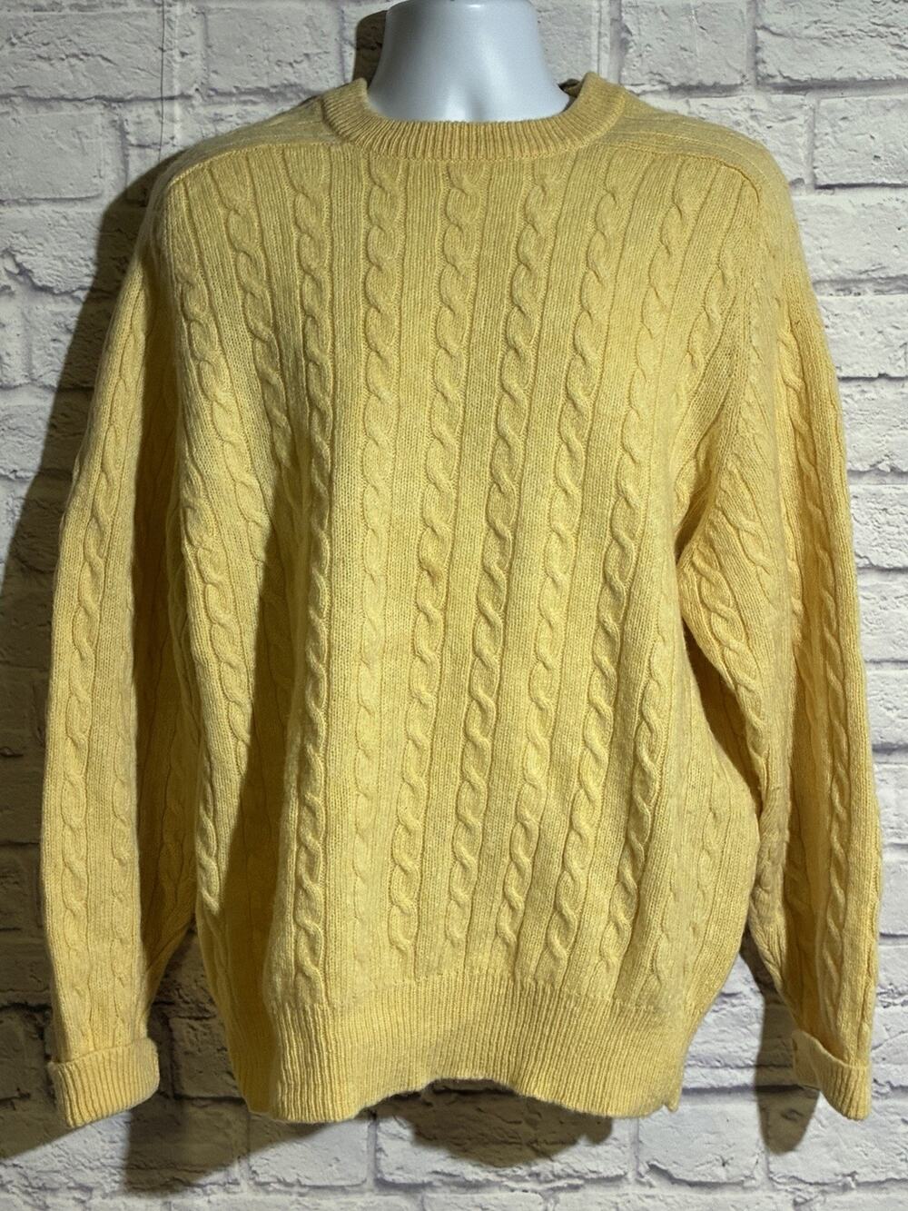 Bowen & Wright Men XXL Shetland Wool Cable Knit Sweater Butter Yellow Vintage